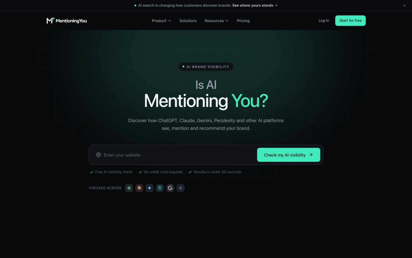 Startseite von MentioningYou.com — Plattform zur KI-Markensichtbarkeit, die Erwähnungen bei ChatGPT, Claude, Gemini und Perplexity verfolgt